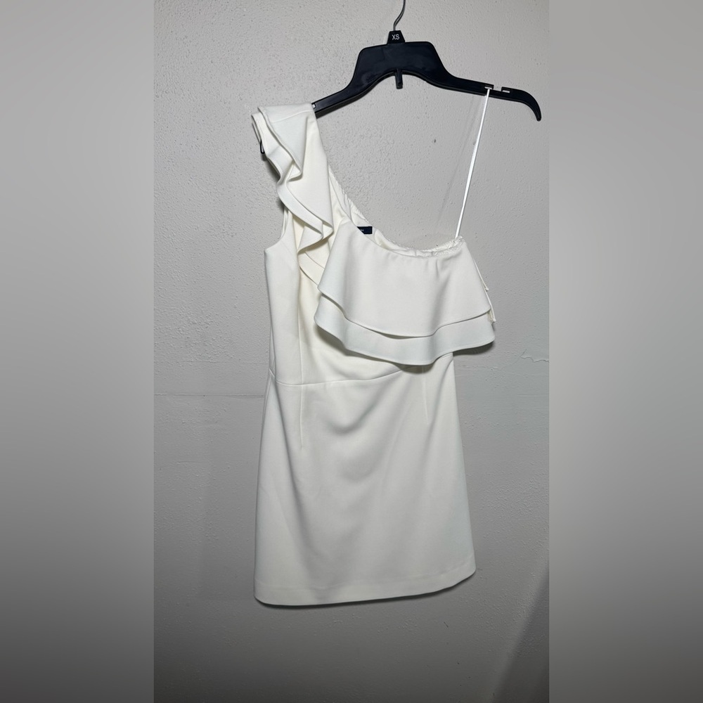 French Connection Women's Whisper Asymmetrical Ruffle Neck Dress, White size 4 - Picture 4 of 8